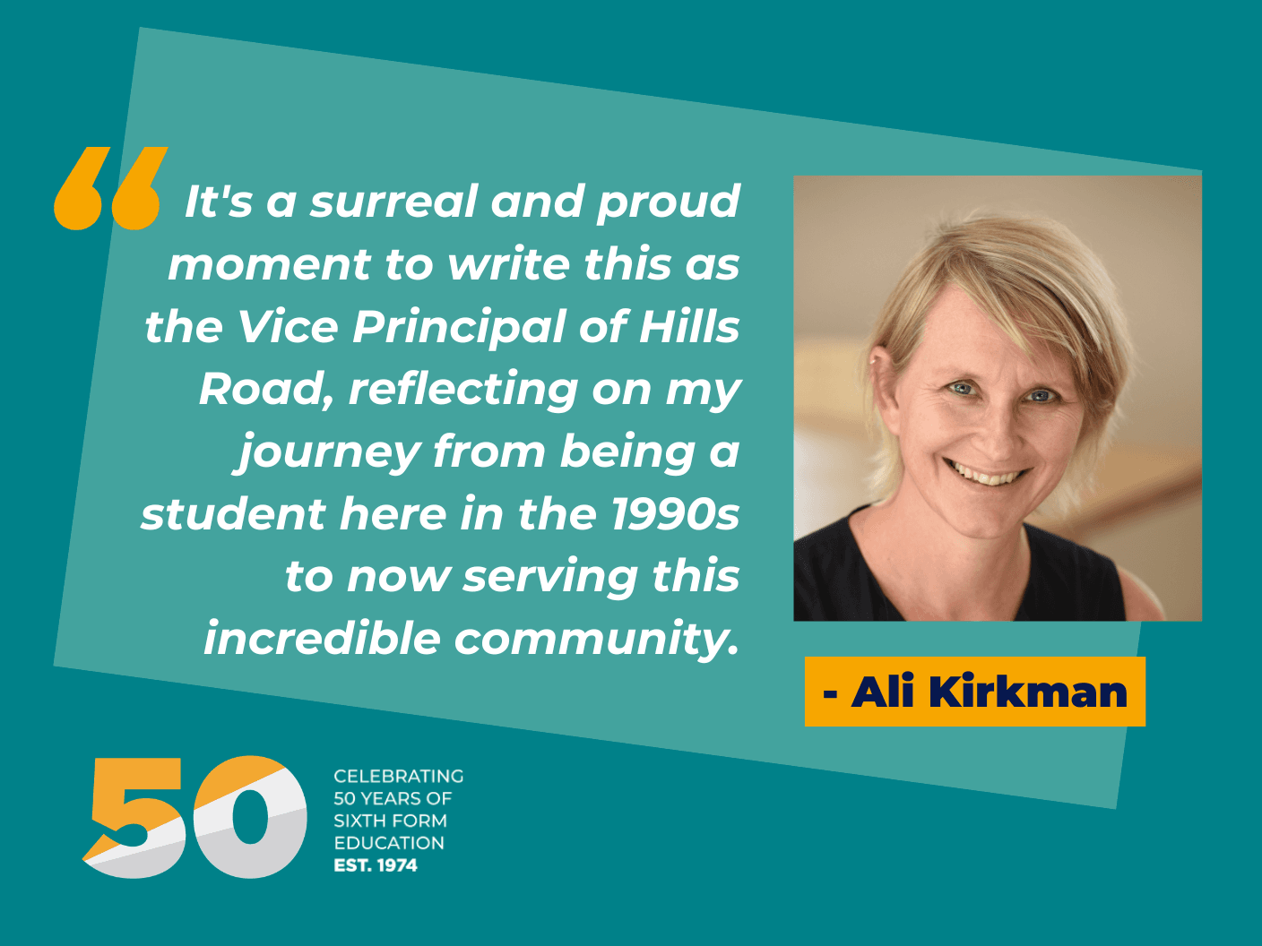 A photo of Ali Kirkman with a quote and logo